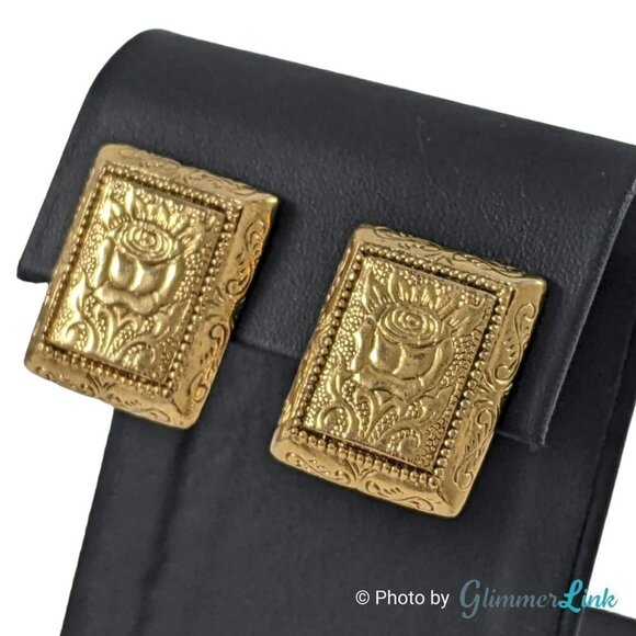 1928 Company Rectangular Embossed Rose Gold Tone Clip On Earrings - Picture 3 of 8